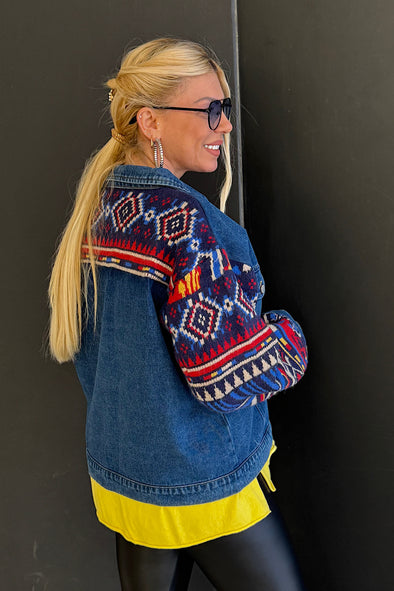 JACKET DENIM AZTEC ΜΕ ΠΛΕΚΤΑ ΜΑΝΙΚΙΑ